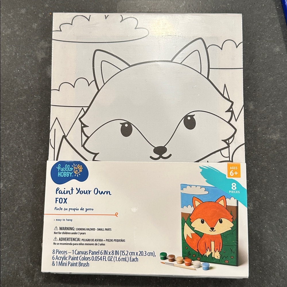 Hello Hobby Paint Your Own Fox  6 x 8 inches 8 pieces Canvas w Paint & Brush NWT